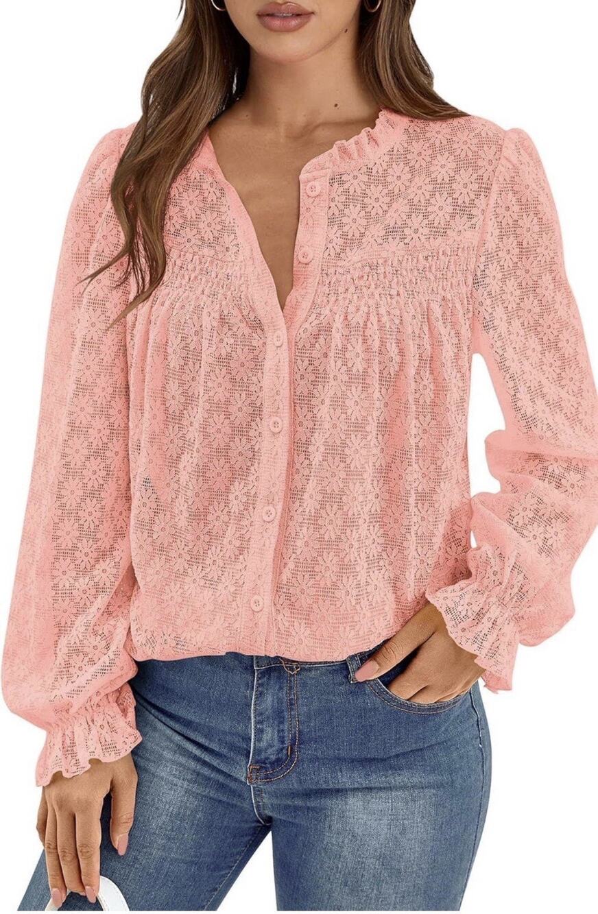 PRETTYGARDEN Women's Lace Long Sleeve Button Down Blouse (Pink, S)